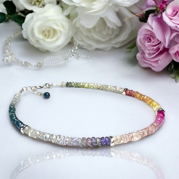 Natural Ombre Rainbow Sapphire Bracelet in Solid 14K White Gold, 7 1/2" - 7.9" - Picture 8 of 9